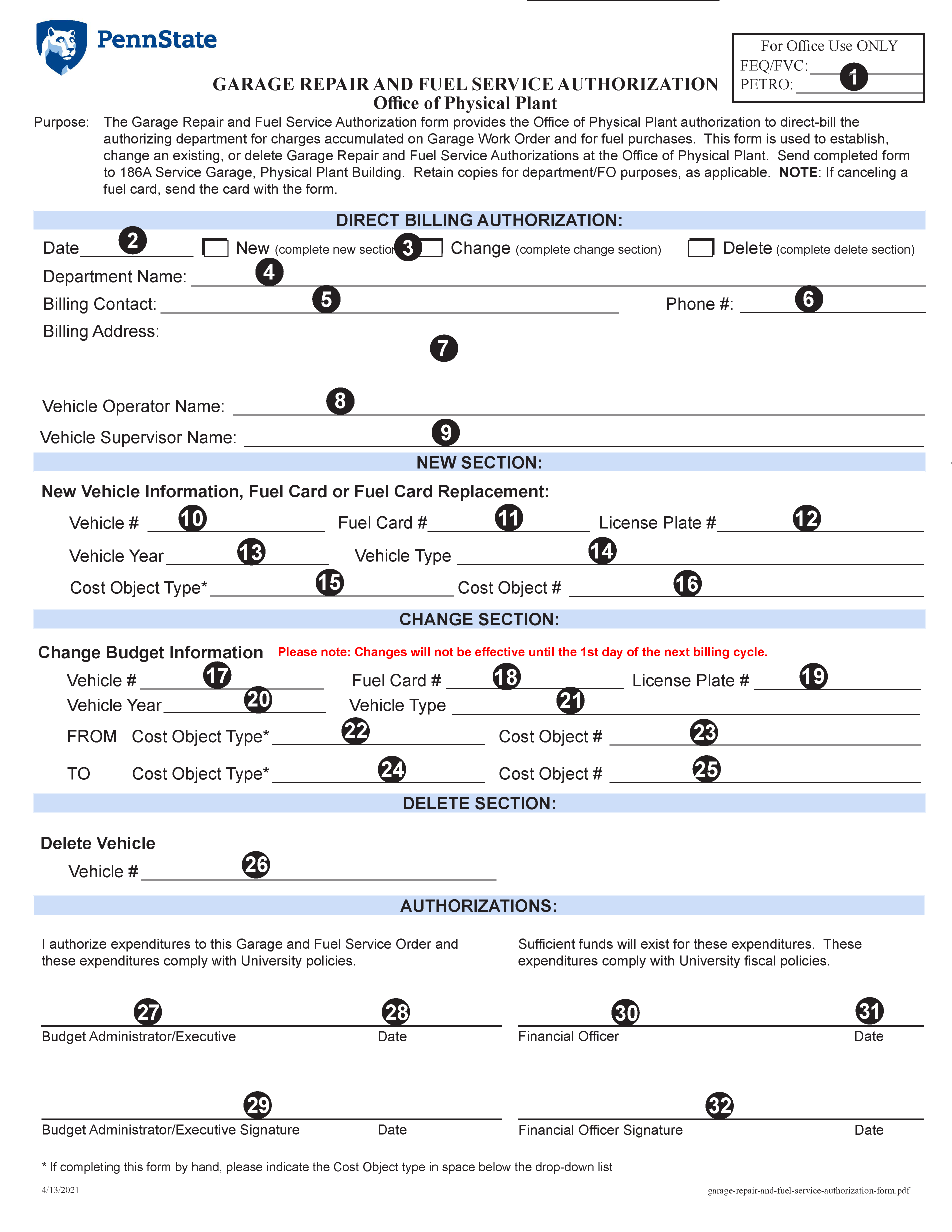 Image of Garage Repair and Fuel Service Authorization Form
